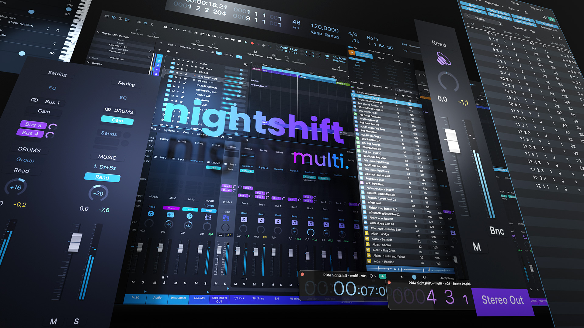 "Nightshift: Multi." Various views of a handcrafted dark mode theme for Apple's DAW Logic Pro, created by Phil Bauch.